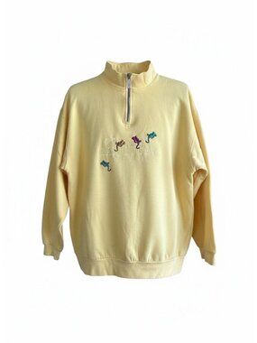 Cabo San Lucas  Sweatshirt Yellow Embroidered Geckos Lizards 1/4 Zip Size XL